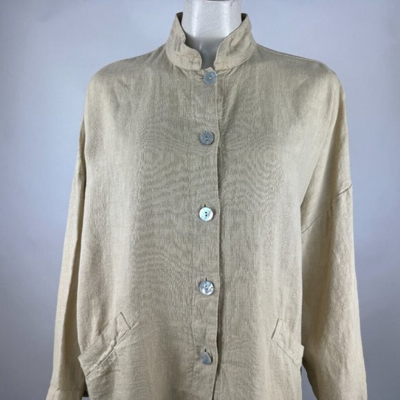 Bryn Walker Heavy Linen Jacket Women S EUC Button-Up Long Sleeve High Neck Beige - Picture 6 of 12